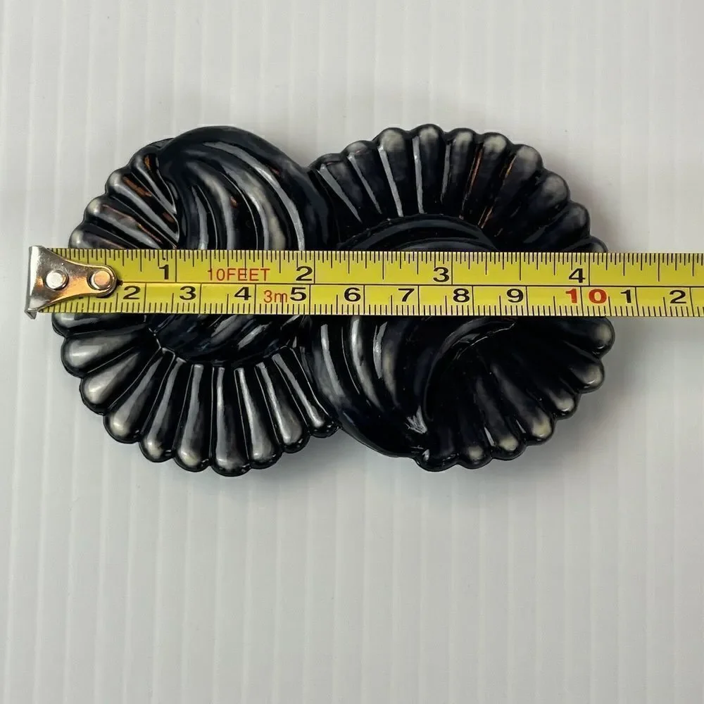 Vintage Belt Buckle Plastic Black Swirl Double Flower Shell Design